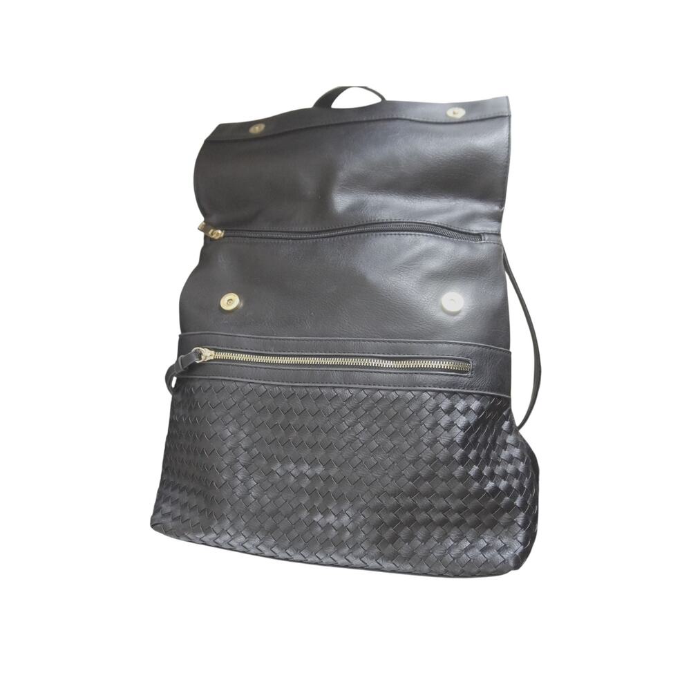Black Woven Faux Leather Backpack Tote Animal Print Lining Laptop School Bag - Picture 4 of 16